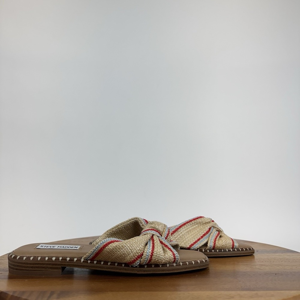 New Womens Steve Madden Skippie Beige Raffia Knot Slides Slip On Sandals Size 6